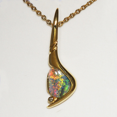 Custom made 18k Yellow Gold Opal Pendant. Sparkly and bright, orange and gold with green in between